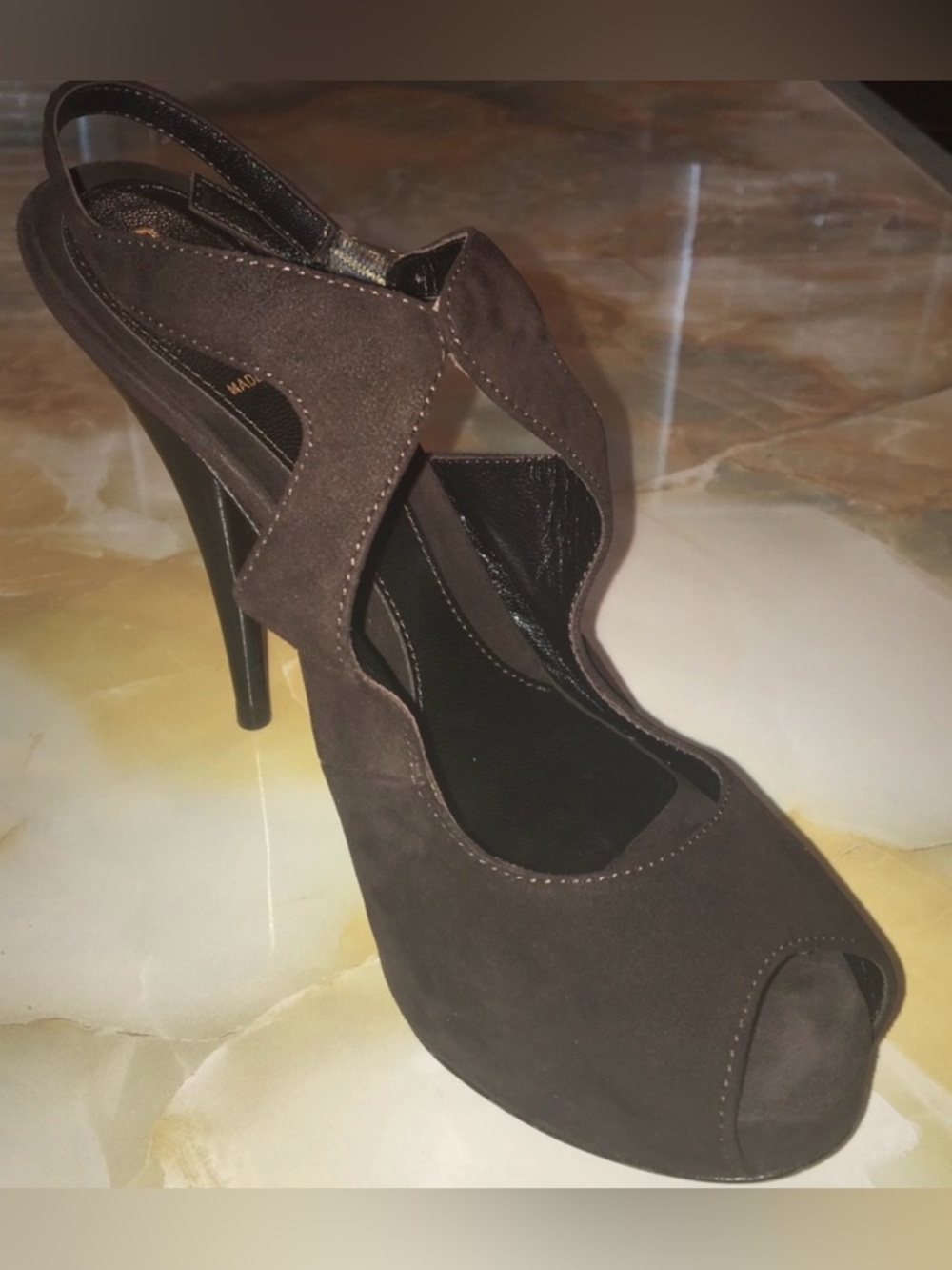 Fendi Chocolate Brown Velvet Peep Toe Slingback Heels Size 37.5 - Picture 7 of 14